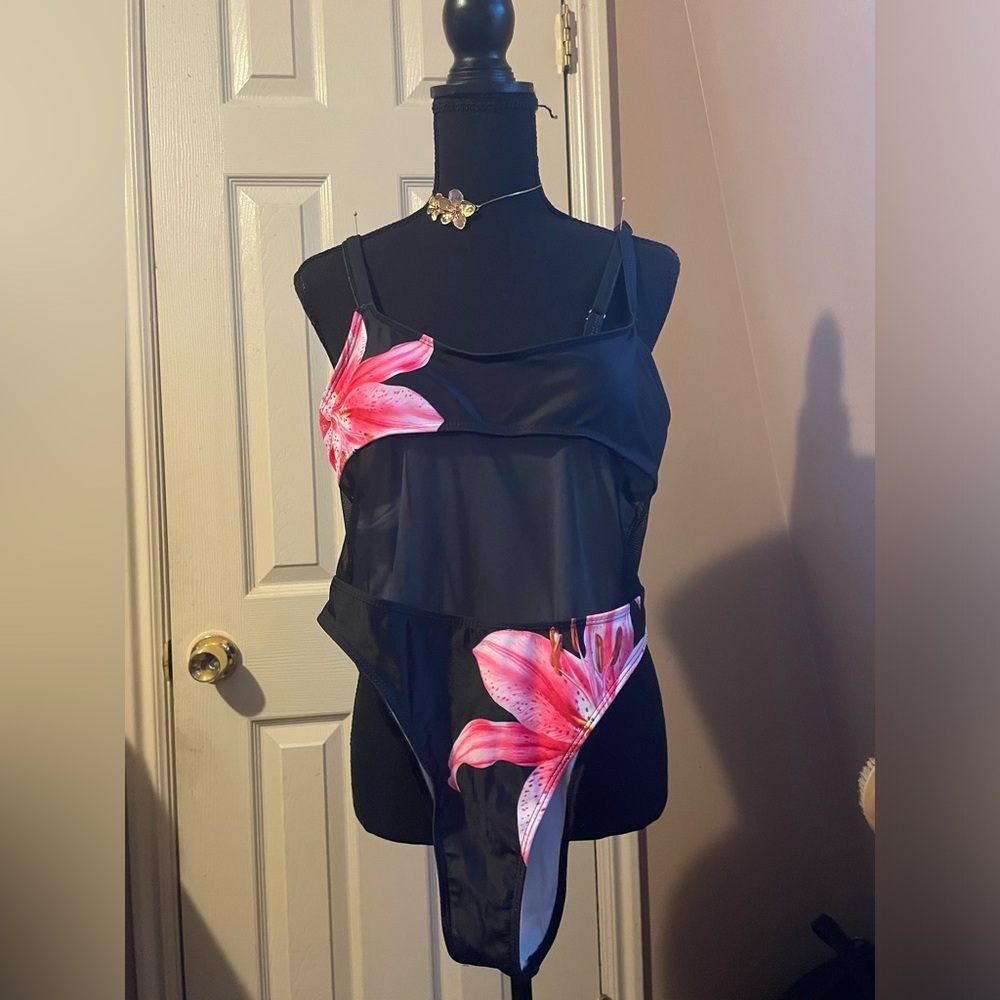 Black One-Piece Swimsuit with Pink Lily Print New